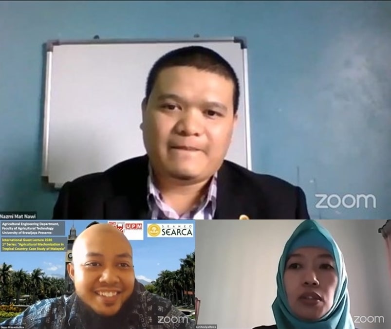 (Top) Dr. Nazmi Mat Nawi, guest lecturer from Universiti Putra Malaysia (Bottom, L-R) Dr. Dimas Firmanda Al Riza, Moderator of the lecture; and Dr. La Choviya Hawa, Department Chair of Agricultural Engineering, Universitas Brawijaya.