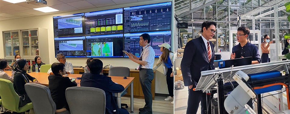 (L) Dr. Yu-Pin Lin, Dean of the College of Bioresources and Agriculture, NTU, showcases the university's intelligent energy-saving greenhouse technology to the delegates of the 36th UC EBM. (Photo: GSID, ECLD; SIS, KU)